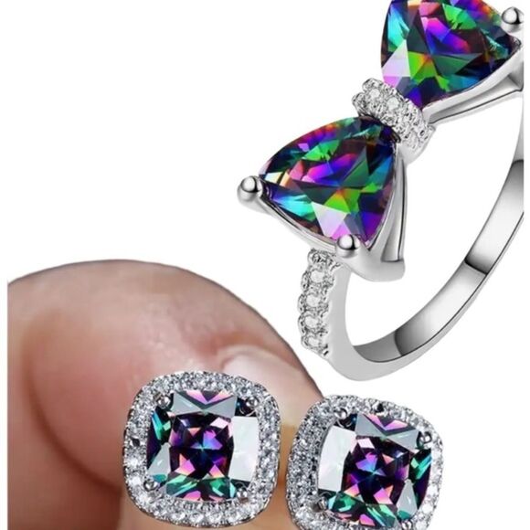 🌟SET!  925 Rainbow Diamond CZ Bowknot Ring & Matching Earrings New Gift Box - Picture 5 of 7